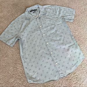 Cross Print Short Sleeve Button Down Shirt, Size L